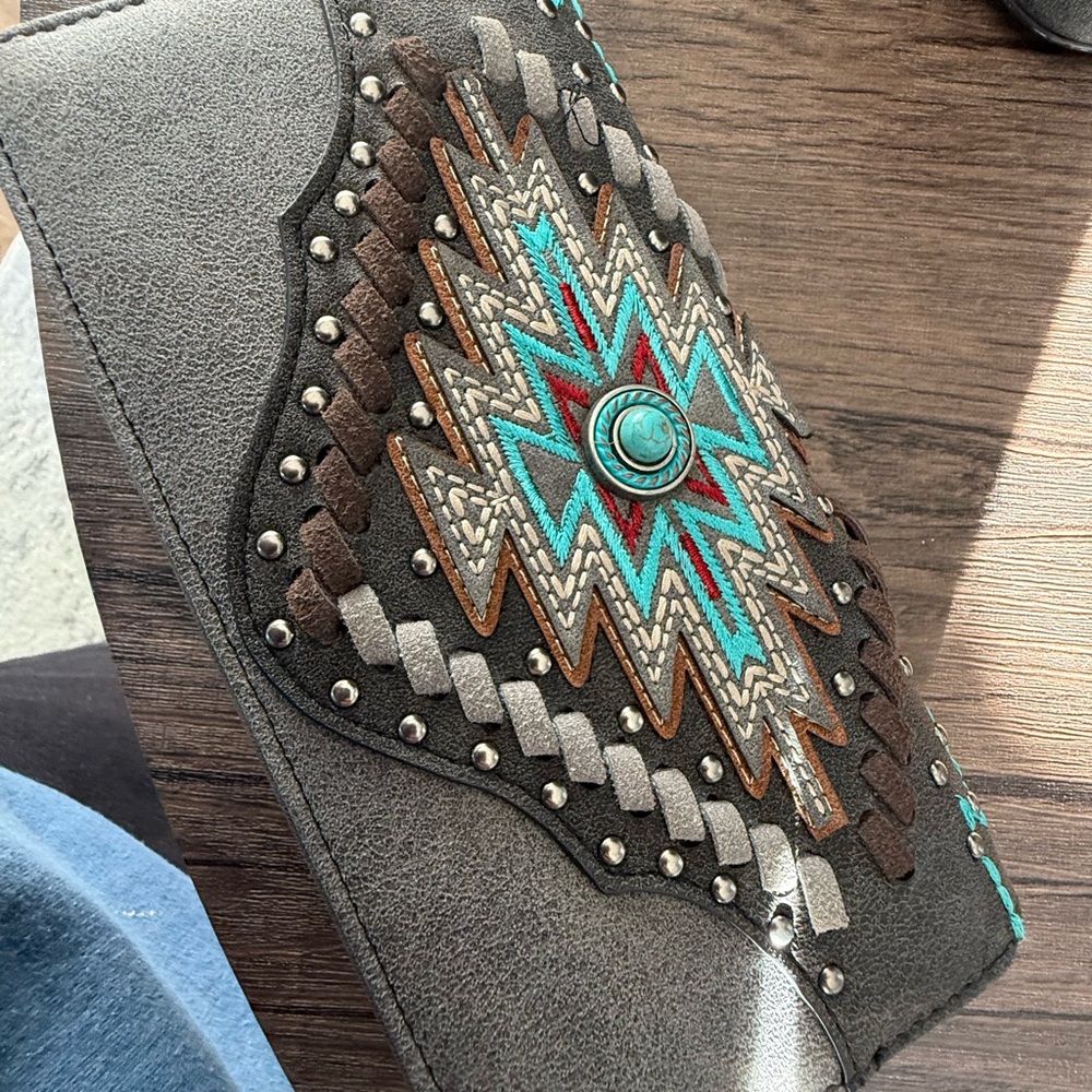 NWOT Montana West Charcoal and Turquoise Embellished Fringe Tote Bag - Picture 4 of 13